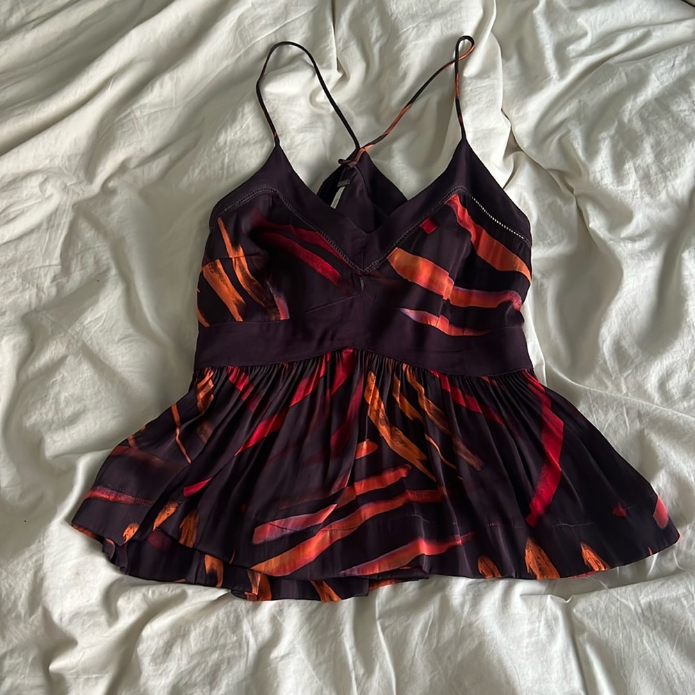 Free people silky, colorful babydoll spaghetti strap tank top. Size 6.